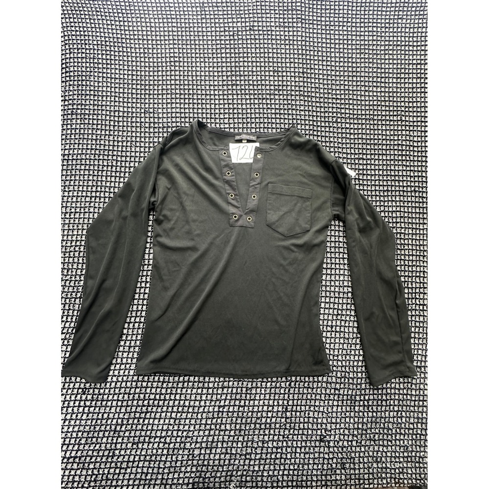 Floral Blooming Henley Top Womens Small Olive Green Ribbed Grommet